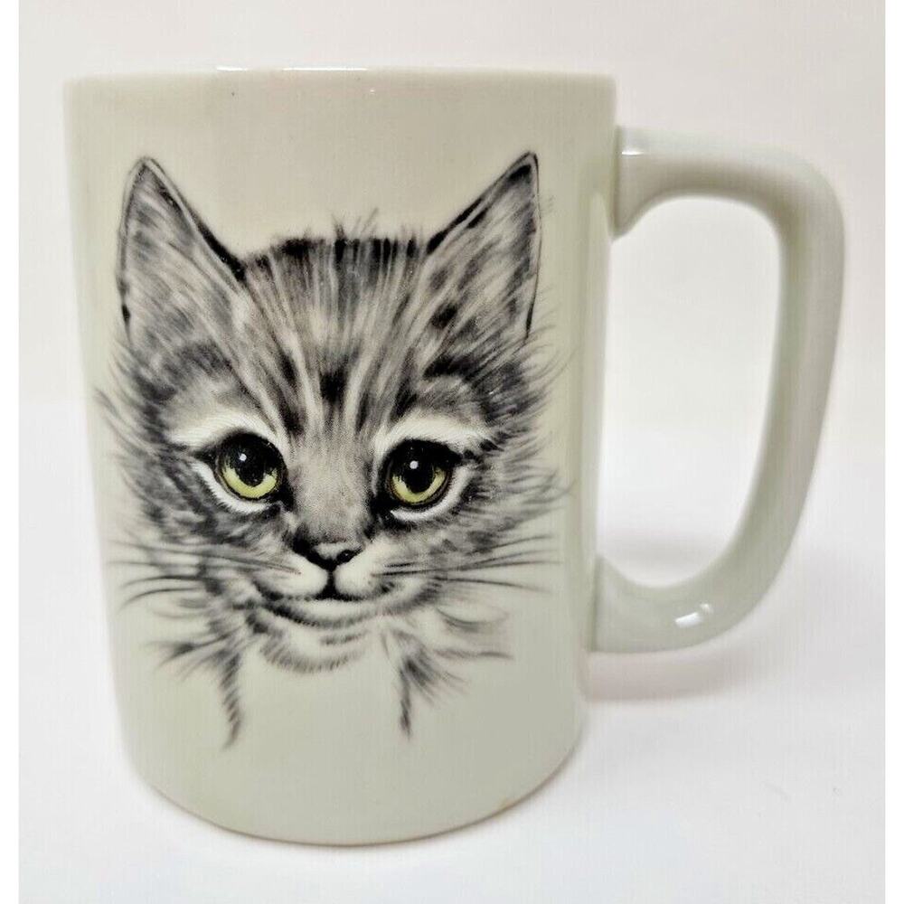 VTG Otagiri Kitten Coffee Cup 4in Cat Mug Tea Gray Green Eyes Japan White W2